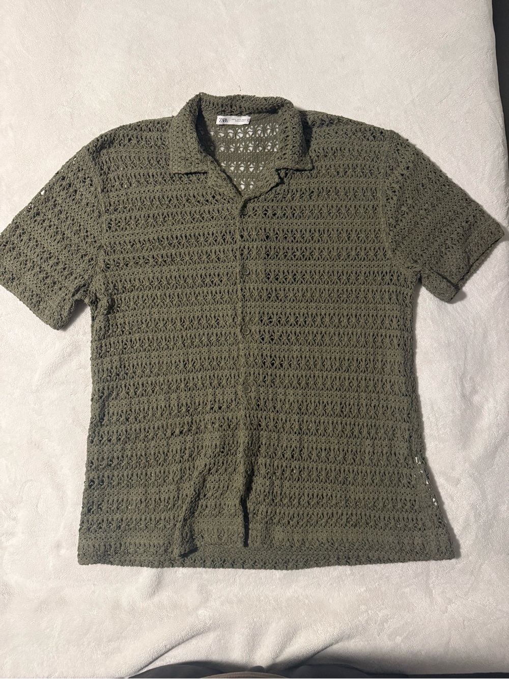 Zara Olive Green Crochet Short Sleeve Button-Up Shirt